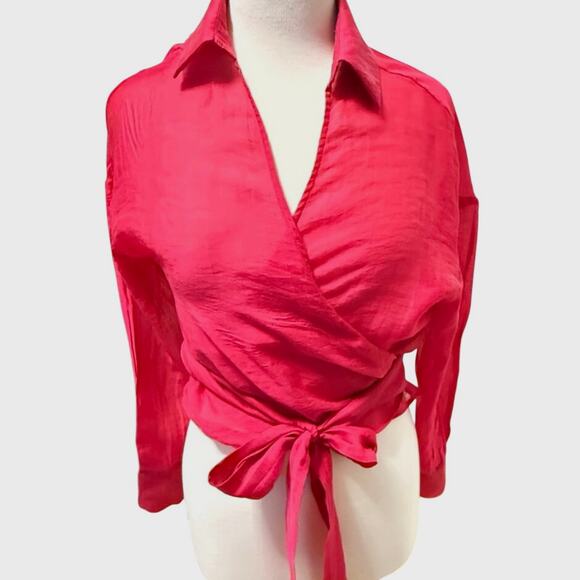 Zara Hot Pink Semi-Sheer Collared Wrap Top Sz S Ballet Fairy Feminine Gypsy - Picture 1 of 5